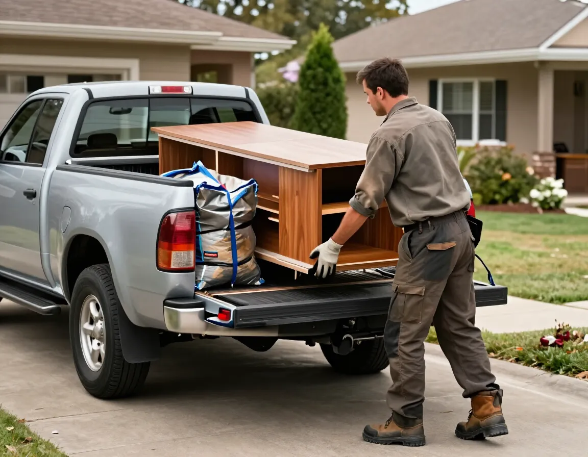 Worker loading furniture and debris onto a junk hauling truck in a driveway