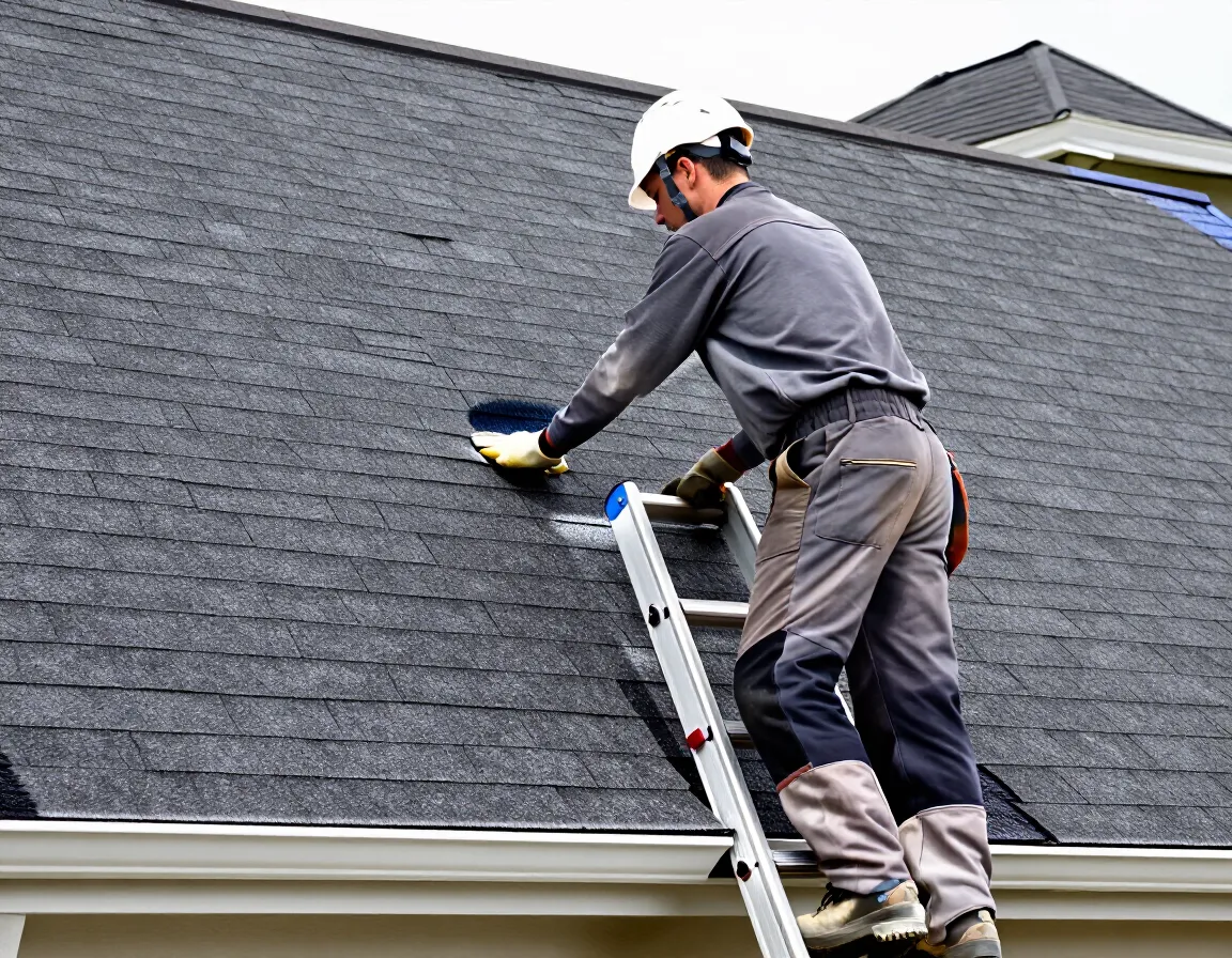 Technician on a ladder inspecting an asphalt shingle roof