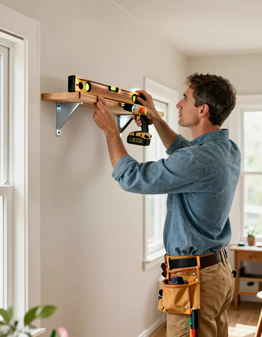 Handyman hanging a shelf in a Winston-Salem area home