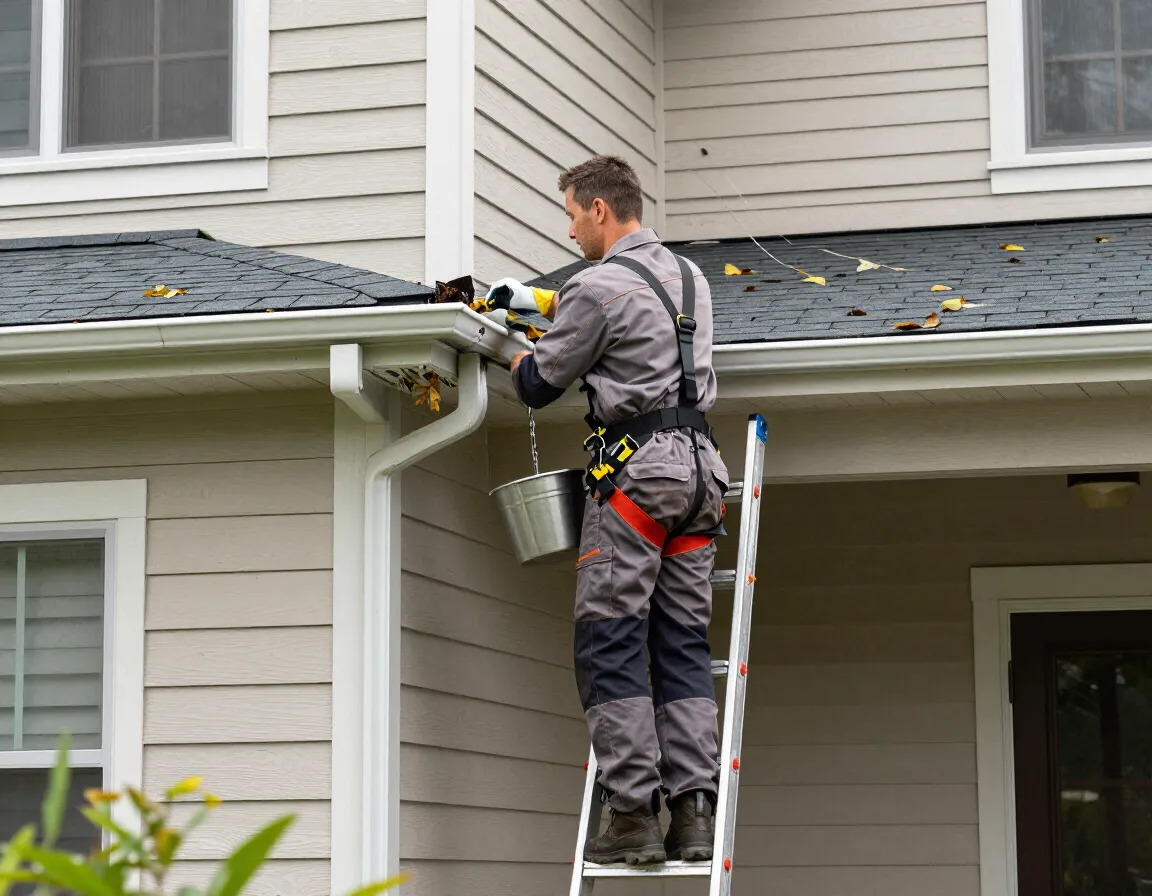 Technician cleaning gutters on a residential home