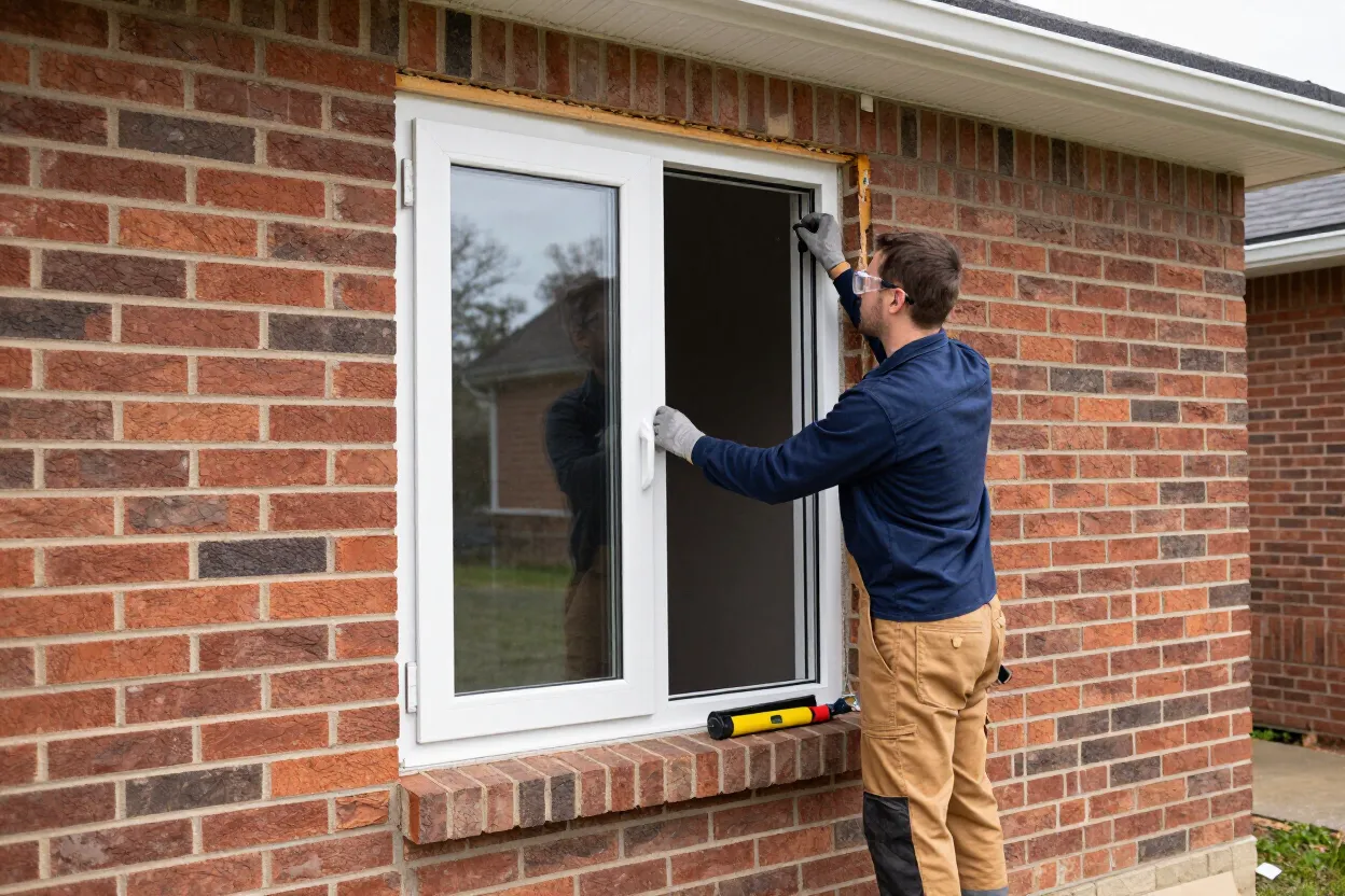 Technician installing a new vinyl window on a brick home