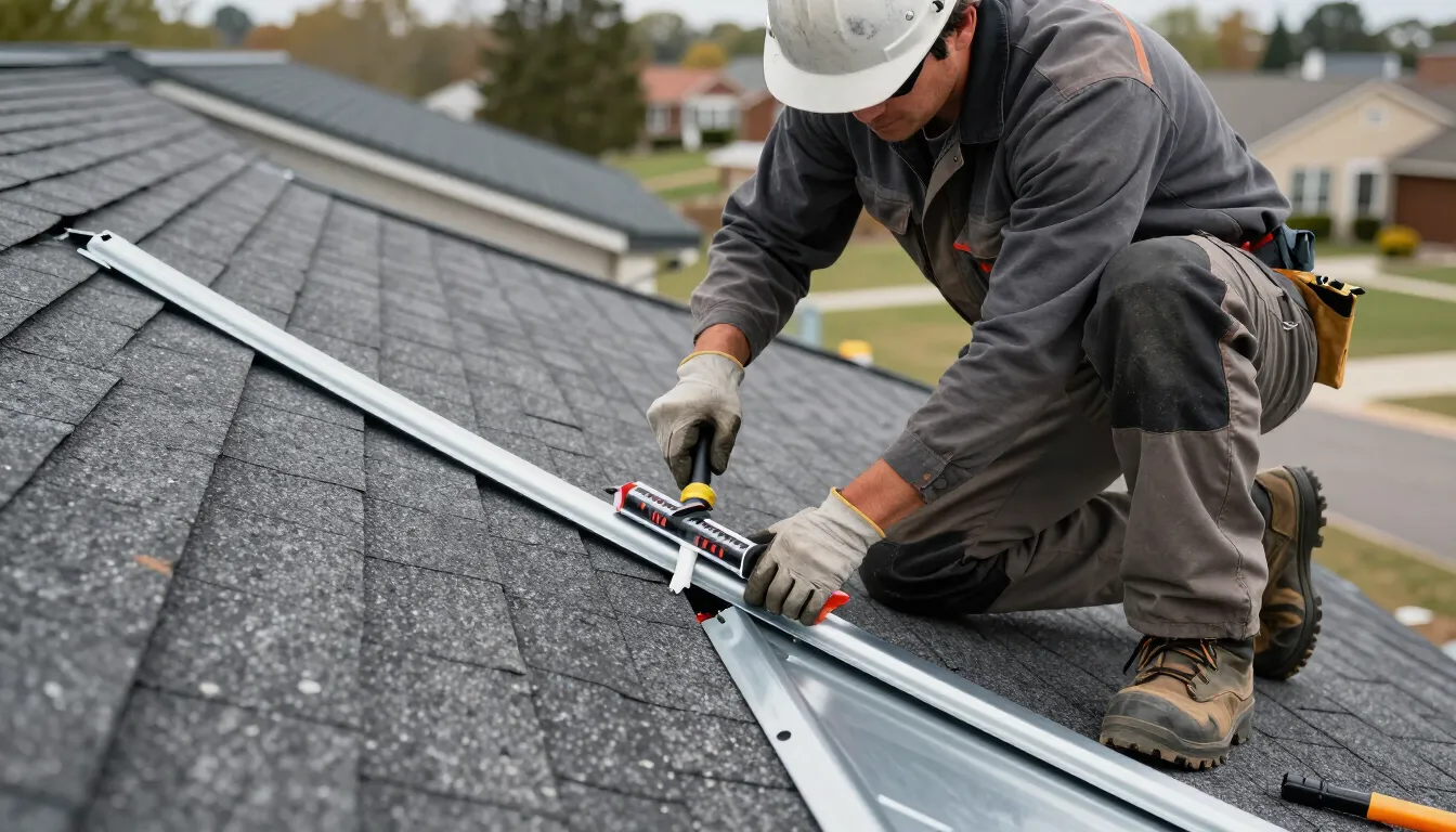 Crew member sealing roof flashing