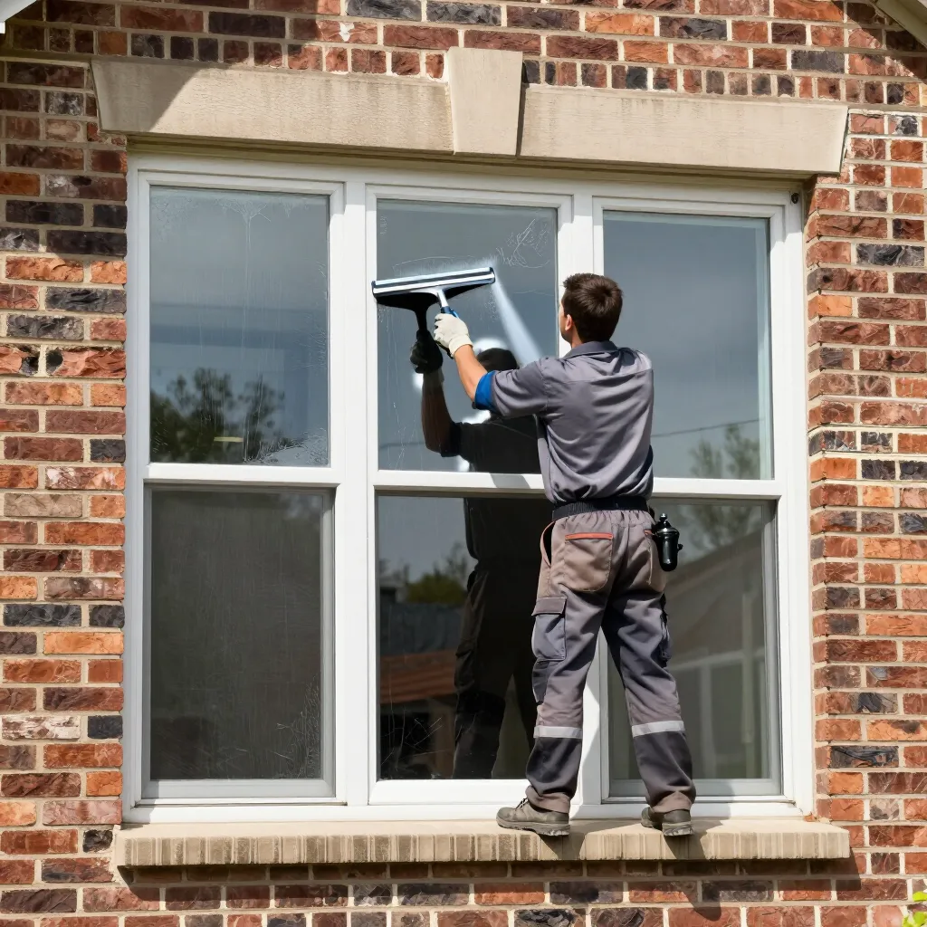 Technician cleaning an exterior window with a squeegee on a brick home