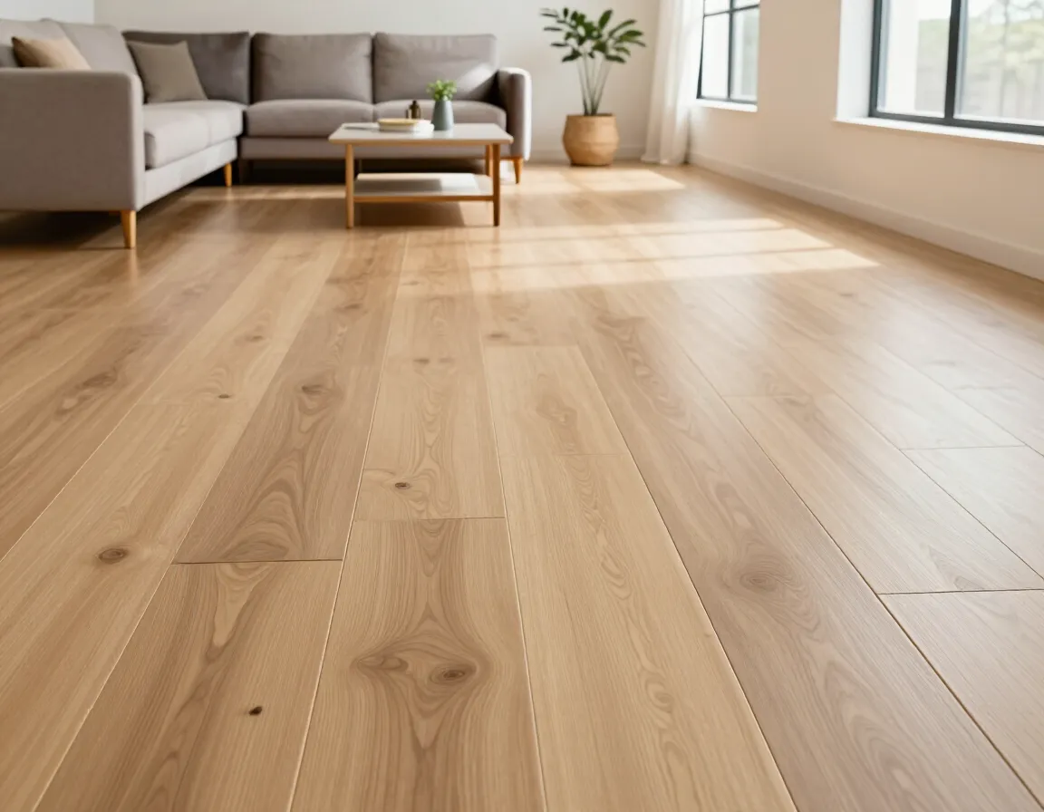 Newly installed vinyl plank floor in a bright living room