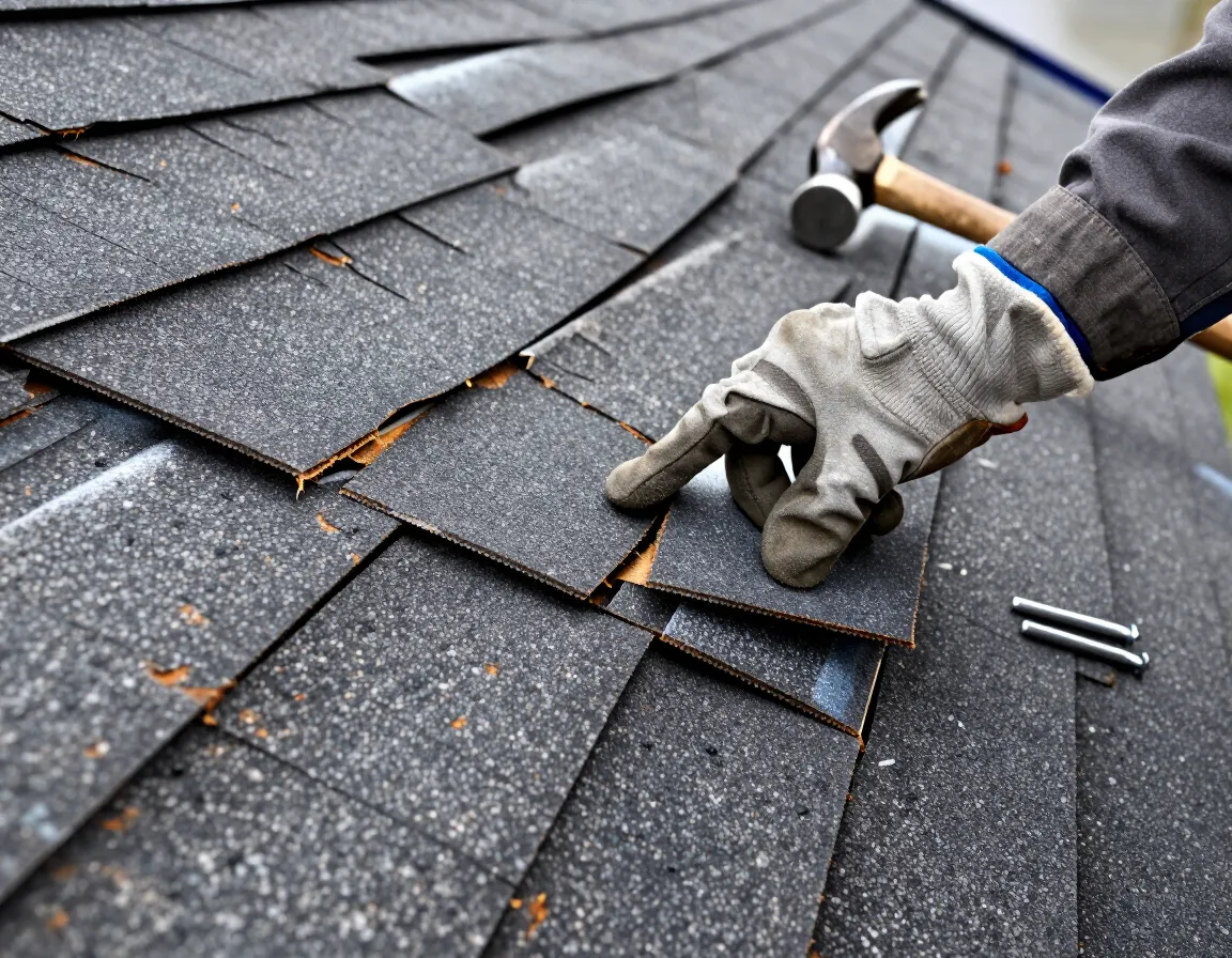 Damaged asphalt shingles being repaired