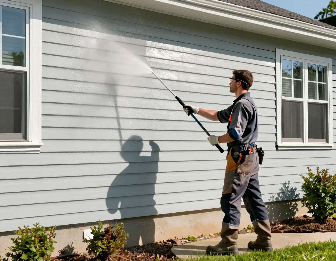 Technician soft washing a home's siding